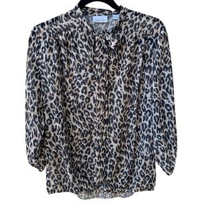 Sweet Pea NY Co Sheer Edgy Leopard Print Mob Wife Blouson Bow Blouse Brown S